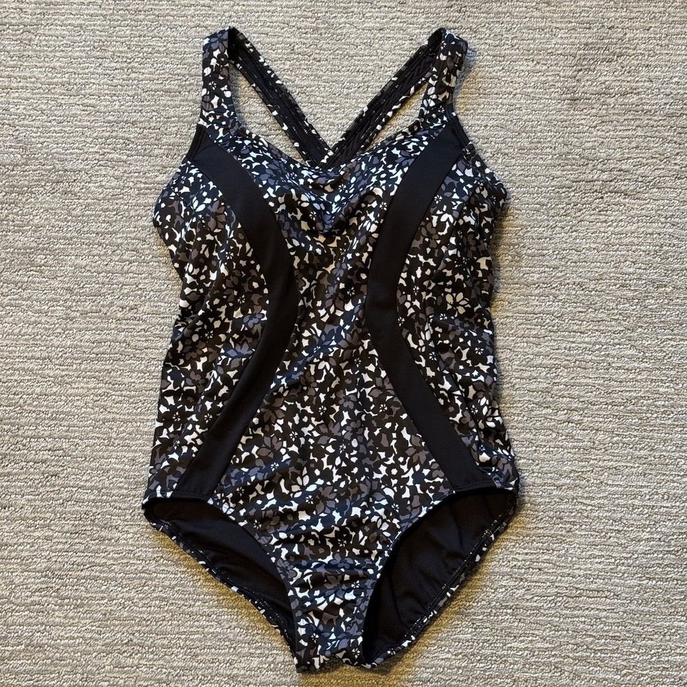 Lands End Womens One Piece Swimsuit Size 10D Black Gray Print X-back Shelf Bra